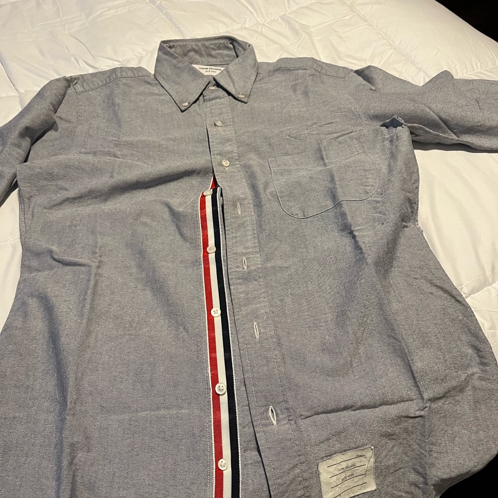 Thom Browne Light Blue Button-Down Shirt with Tricolor Stripe